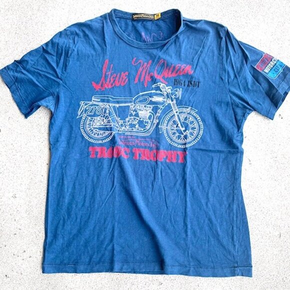 Johnson Motors Steve McQueen distressed M Blue Shirt - Picture 1 of 6